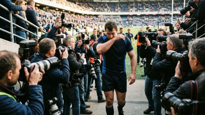 joueur de rugby entouré de photographes et de caméras à la sortie d'un stade