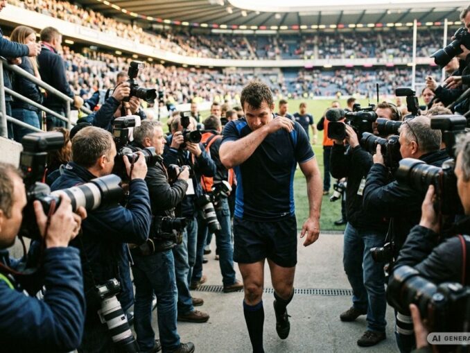 joueur de rugby entouré de photographes et de caméras à la sortie d'un stade